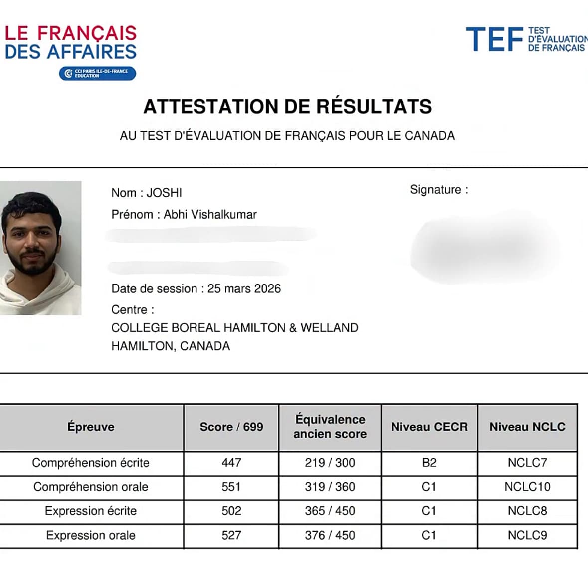 TEF Canada attestation — Verified Result